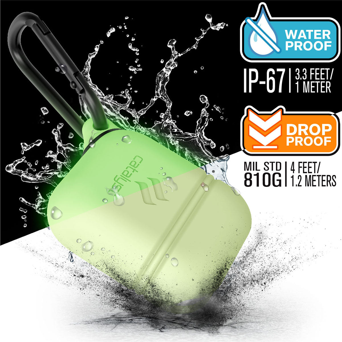 CATAPDGITD-FBA | Catalyst airpods gen2/1 waterproof case + carabiner showing the case drop proof and water proof features with attached carabiner in glow in the dark text reads water proof IP-67 3.3 FEET/1 METER DROP PROOF MIL STD 810G 1.2 METERS