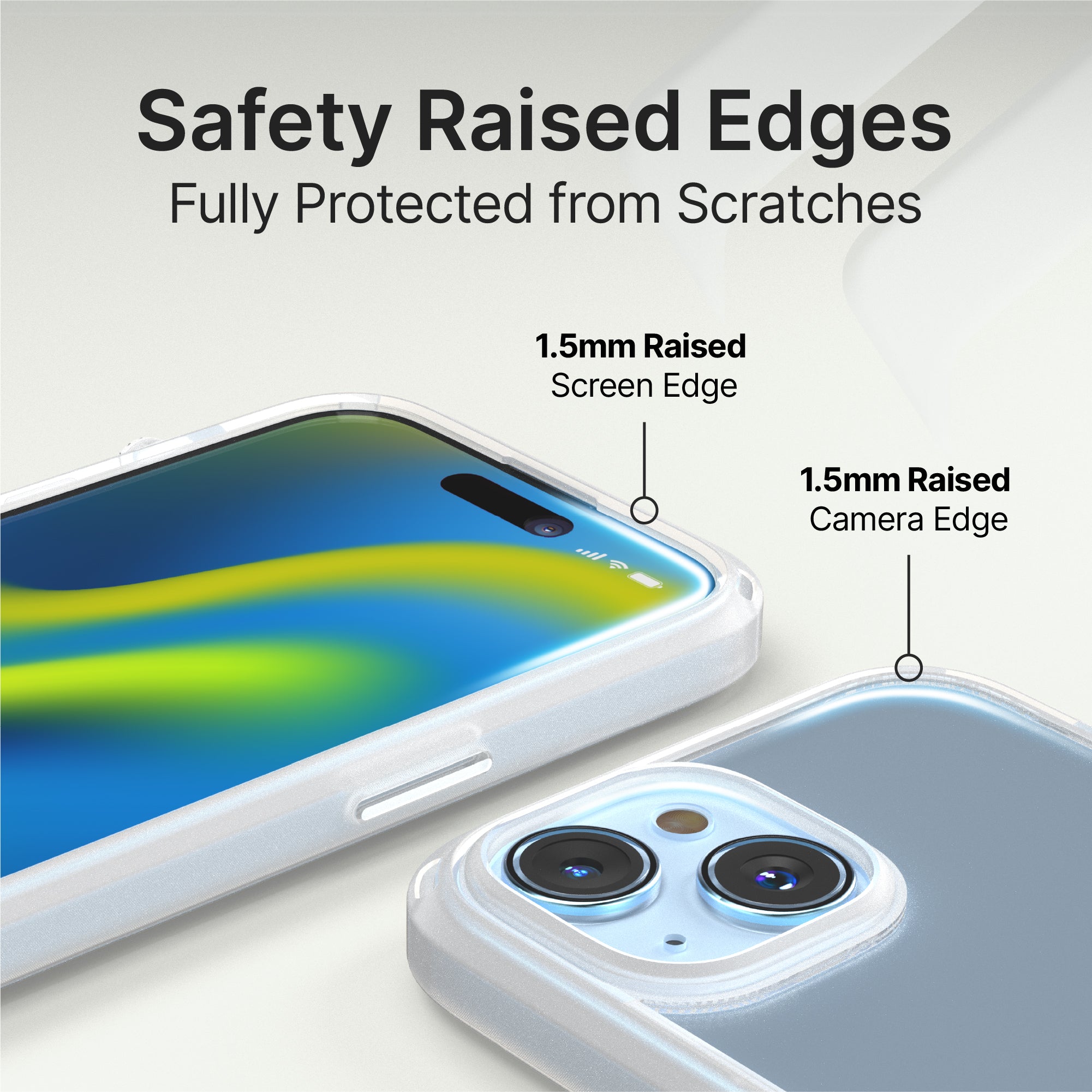 Catalyst iphone 15 series influence case iphone 15 plus in clear colorway showing the safety raised edges of the case text reads safety raised edges fully protected from scratches 1.5mm raised screen edge 1.5mm camera edge