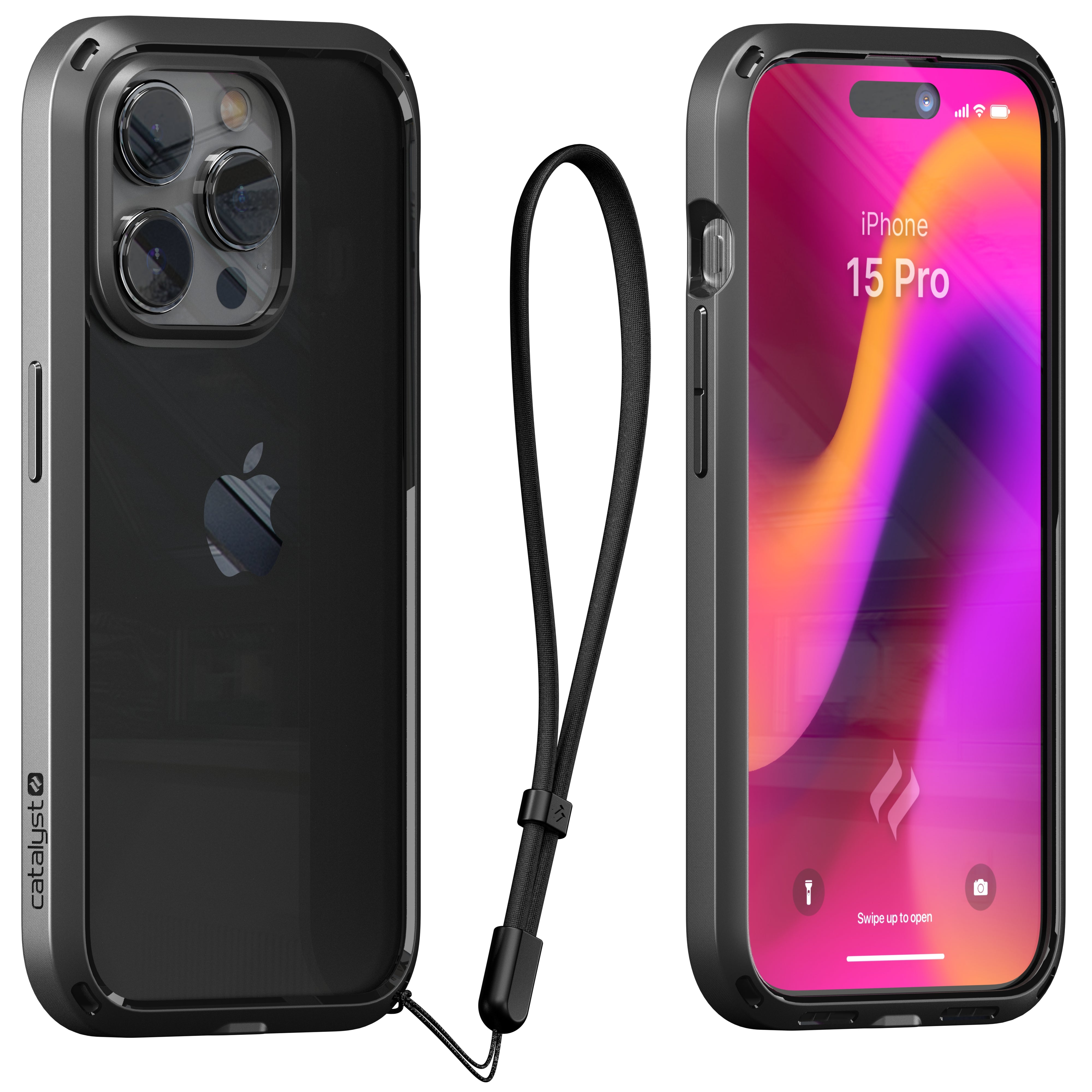 Catalyst iphone 15 series influence case iphone 15 pro in midnight black colorway showing the back and front view of the case with lanyard