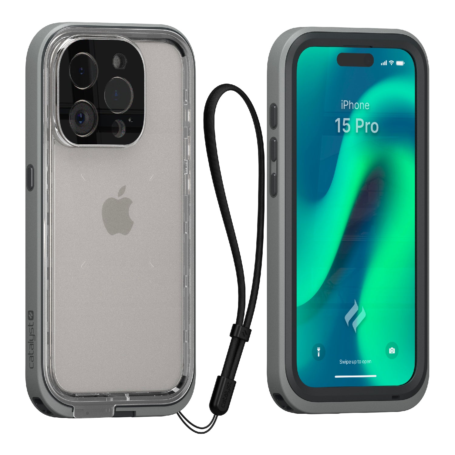 Catalyst iphone 15 pro/15 pro max waterproof case total protection 15 pro showing the front and back view of the case in titanium gray