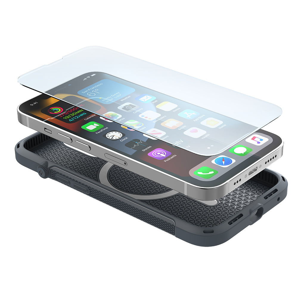 Catalyst vibe Case for iPhone 13 series battleship gray magsafe compatible showing showing an iphone and a tempered glass screen protector