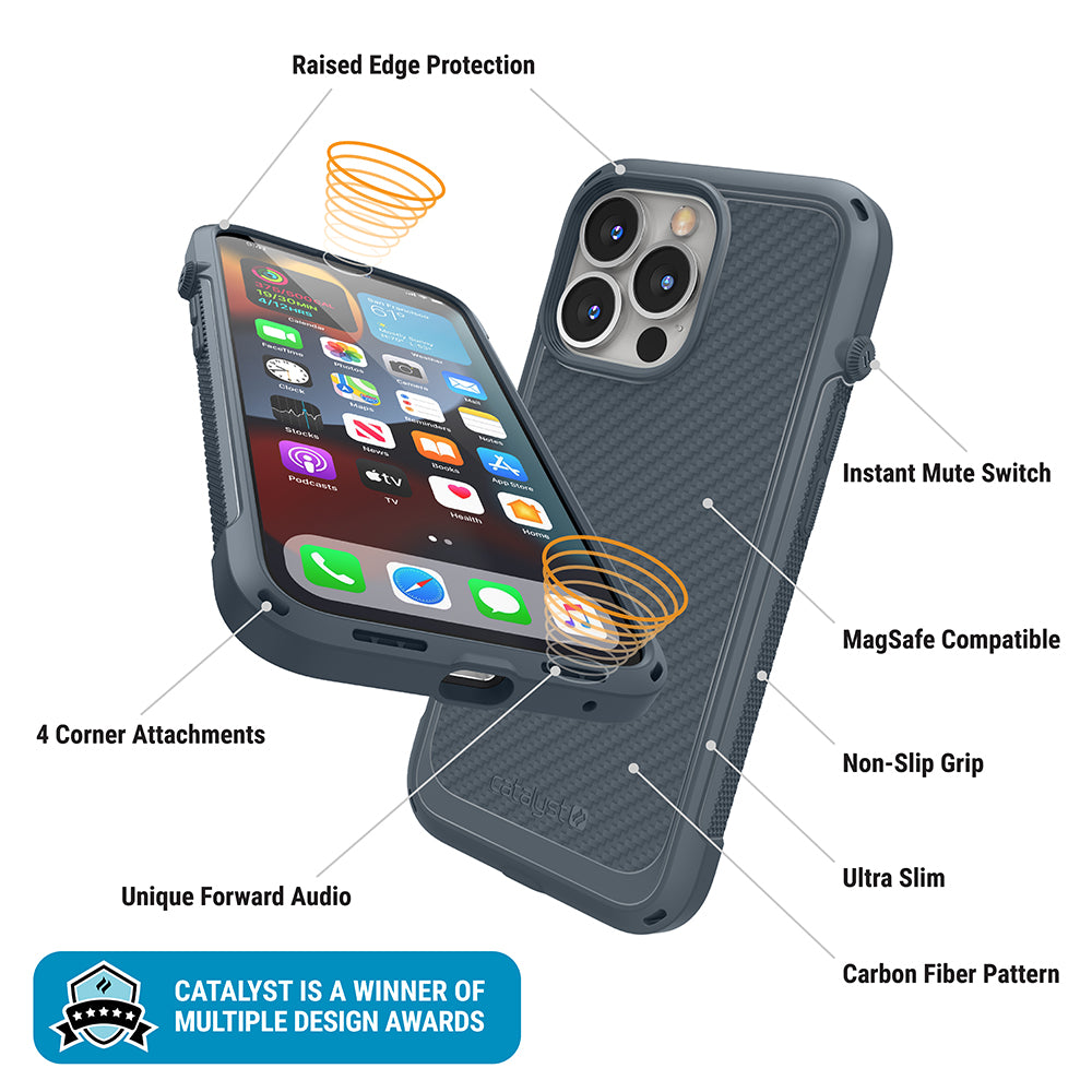 Catalyst vibe Case for iPhone 13 series battleship gray magsafe compatible showing showing the front and the back of the case installed on the iphone text reads raised edge protection 4 corner attachments unique forward audio instant mute switch magsafe compatible non-slip grip ultra slim carbon fiber pattern catalyst is a winner of multiple design awards