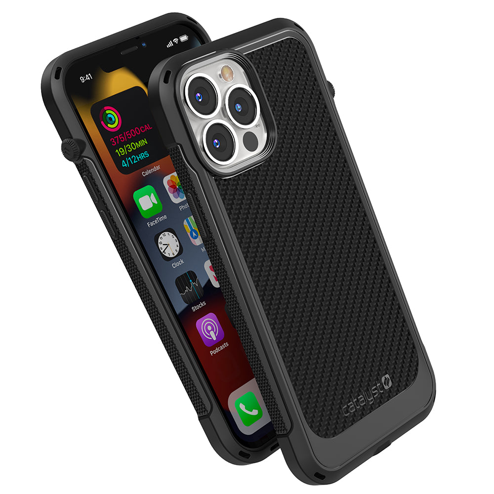 Catalyst vibe Case for iPhone 13 series stealth black magsafe compatible showing front and rugged back of the case