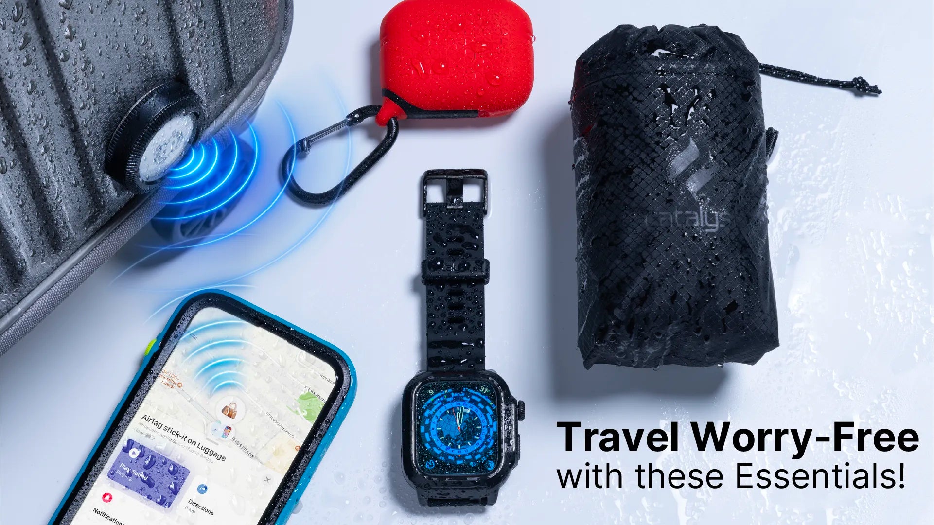 Travel Worry-Free with these Essentials! Pack your luggage, and don't forget your iPhone with a tracking app, trusty Apple Watch, stylish Red AirPods Case, and convenient Foldable Bag. These travel essentials ensure a seamless journey without any fuss.