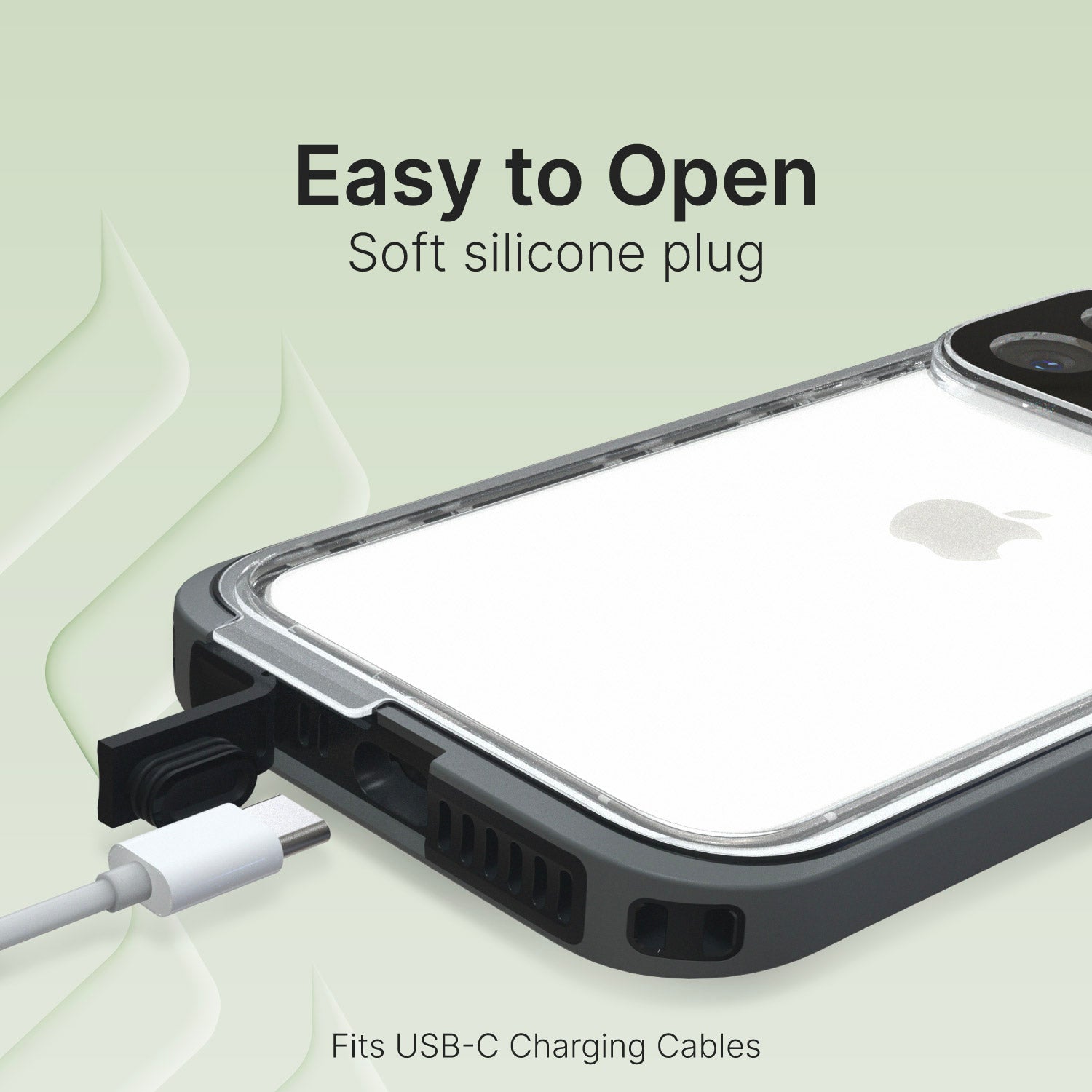 Close-up of a black Catalyst iPhone Waterproof Case featuring a soft silicone, waterproof plug with a USB-C cable connected. Silicone plug can be opened & sealed easily. The case fits most USB-C charging cables. Text reads "Easy to Open Soft Silicone Plug. Fits USB-C Charging Cables".