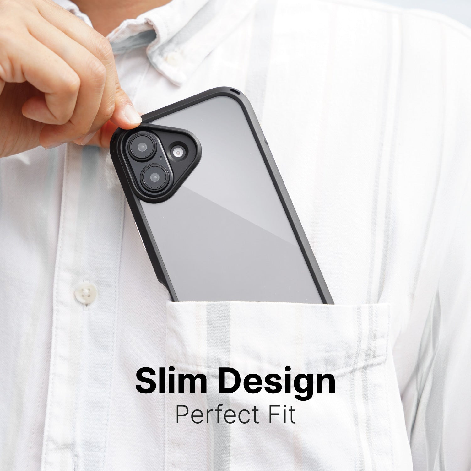 Person placing a sleek iPhone with a dual camera setup in a Catalyst Drop Proof Case into a front shirt pocket. The text reads "Slim Design, Perfect Fit.