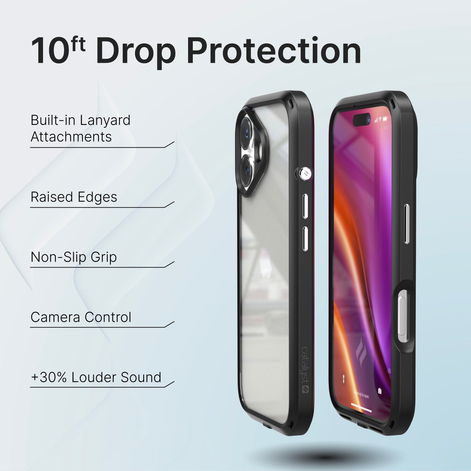 The Catalyst iPhone 16 Drop Proof Case in black is displayed from both the back and front, showcasing features such as 10ft drop proof protection, built-in lanyard attachments, raised edges for screen and camera protection, a non-slip grip design, access to Camera Control for phone visibility, and enhancement of sound quality.