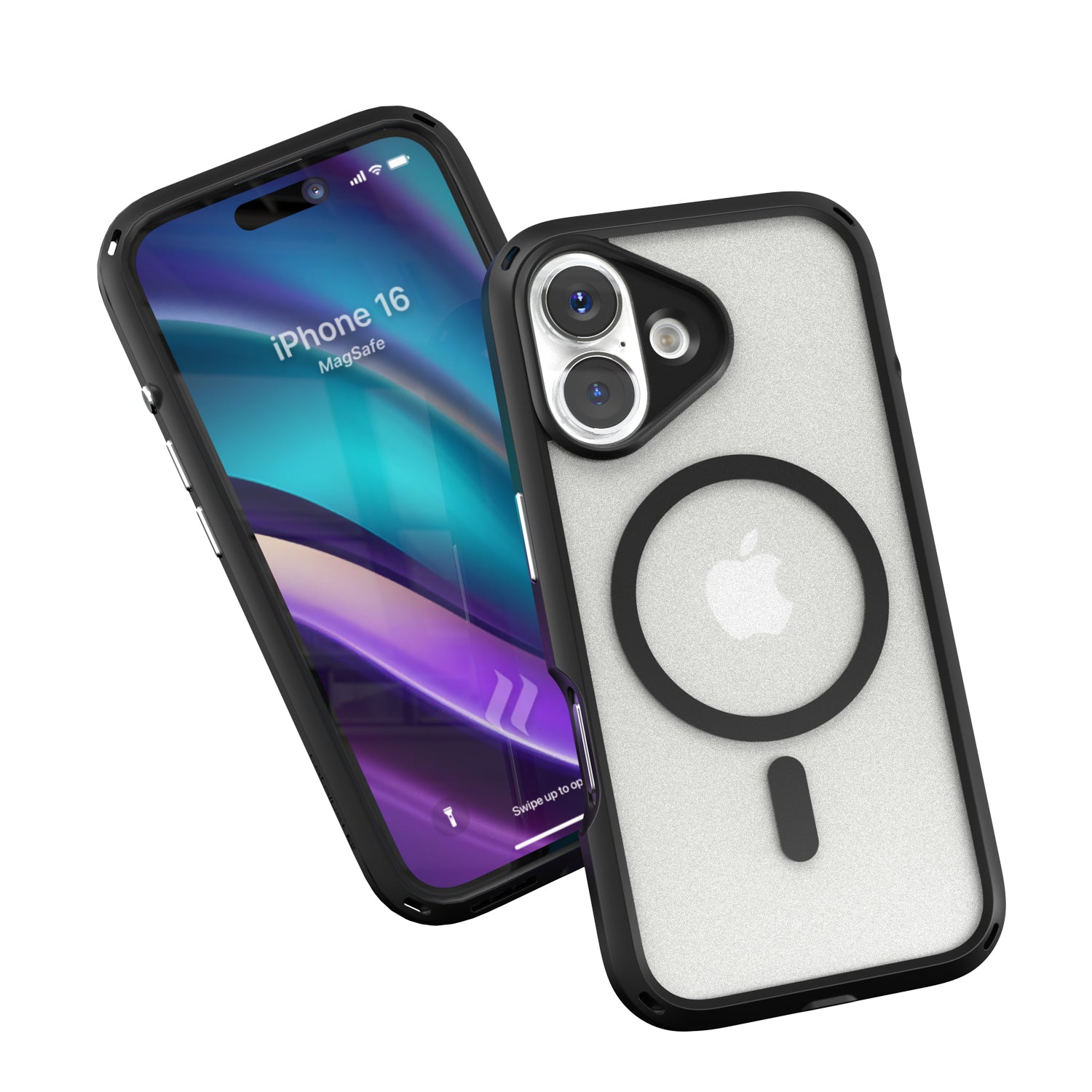 Two smartphones in Catalyst's black iPhone 16 Drop Proof Cases, MagSafe Compatible, one showcasing a colorful screen with the text "iPhone 16," and the other displaying the back, featuring an Apple logo and camera lenses.