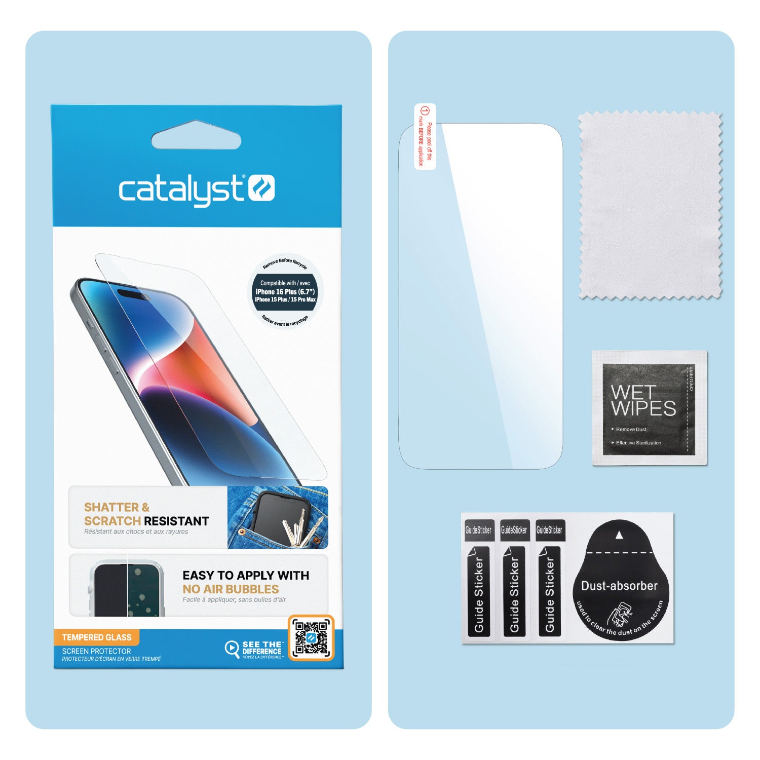 Packaging and contents of an iPhone 16 Plus - Tempered Glass Screen Protector, including the protector, wet wipes, a dust absorber, guide stickers, and a cleaning cloth.