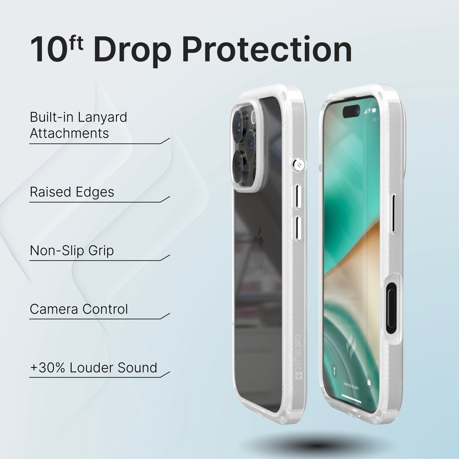 The Catalyst iPhone 16 Pro Drop Proof Case in clear is displayed from both the back and front, showcasing features such as 10ft drop proof protection, built-in lanyard attachments, raised edges for screen and camera protection, a non-slip grip design, works with Camera Control, and enhancement of sound quality.