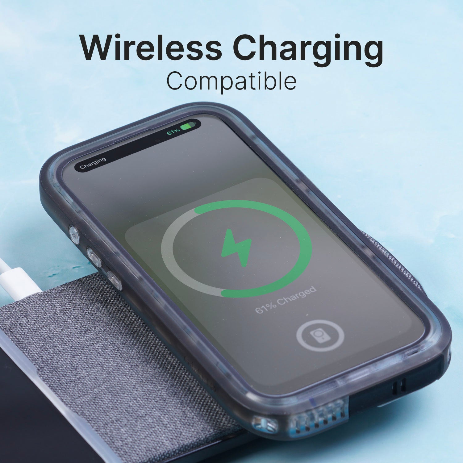 A Catalyst iPhone 16 Pro encased in a black, waterproof case, rests on a wireless charging pad. The screen shows a charging icon at 67% charged with the text "Wireless Charging Compatible.