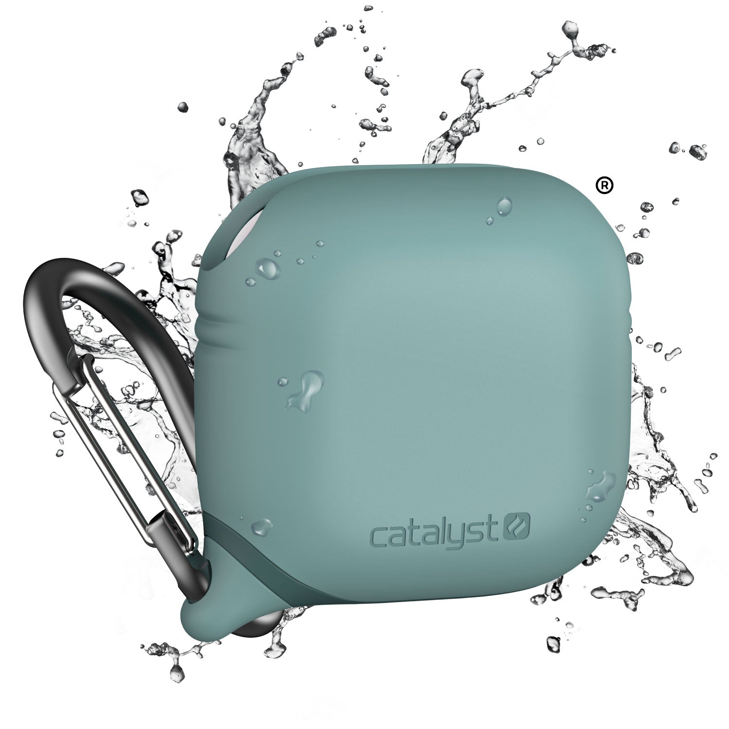 The Catalyst AirPods (Gen 4) Waterproof Case in sea green with Carabiner is showcased surrounded by water splashes, highlighting its water-resistant features.