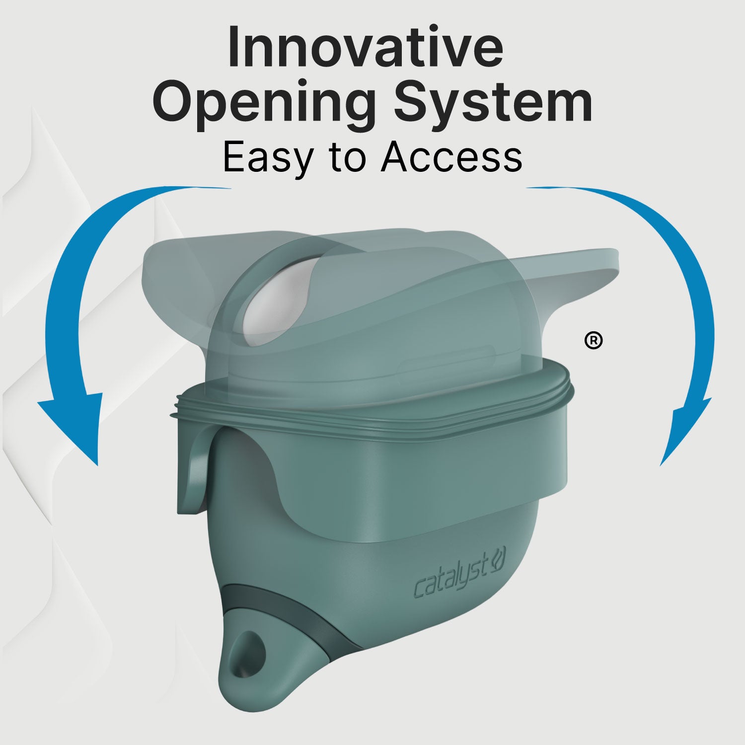 Sea Green silicone waterproof case from Catalyst featuring an  innovative "Easy to Access" opening system, with an arrow design indicating movement. Suitable for AirPods (Gen 4) and includes a carabiner.