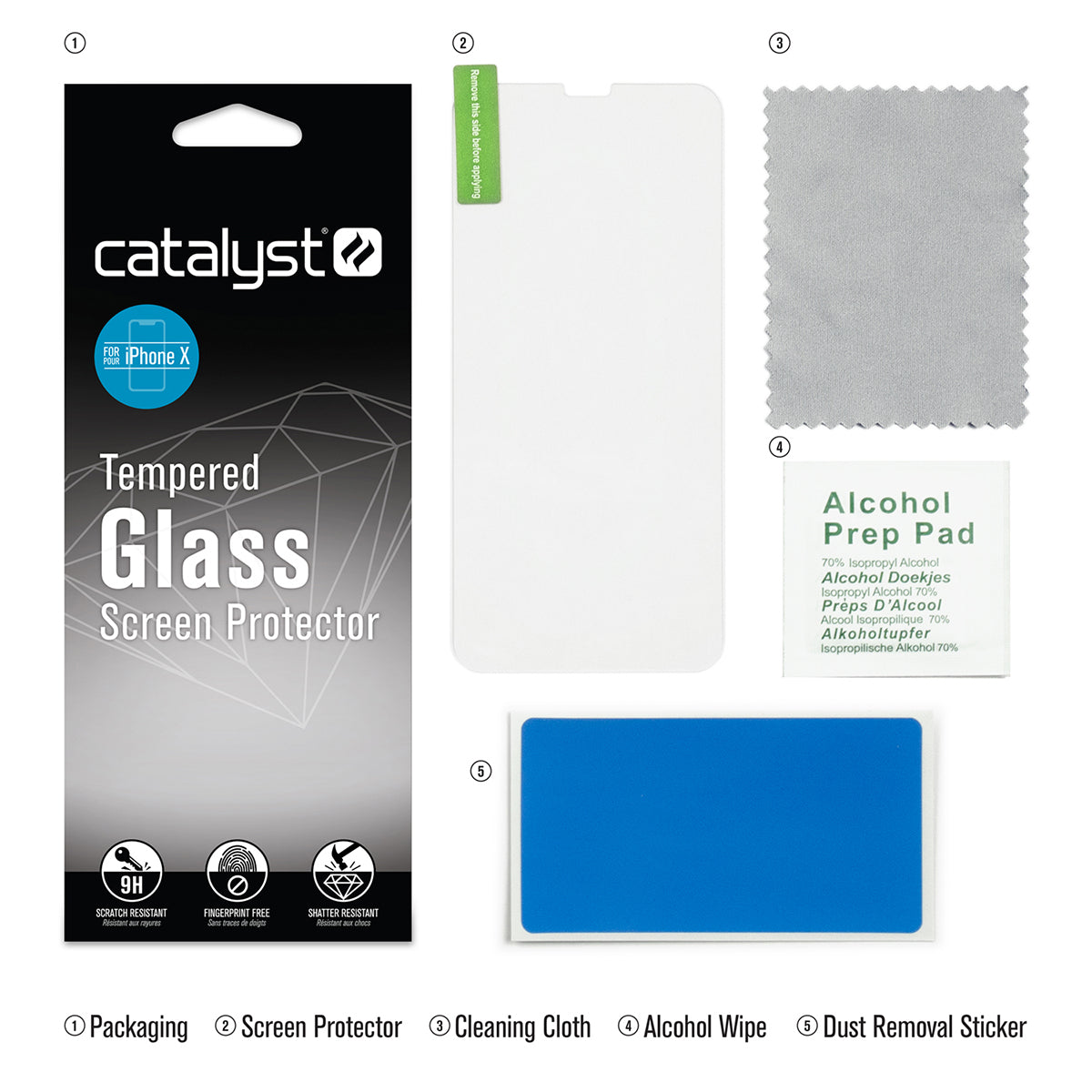 Catalyst Add a Tempered Glass Screen Protector inside the box includes packaging screen protector cleaning cloth alcohol wipe dust removal sticker text reads packaging screen protector cleaning cloth alcohol wipe dust removal sticker alcohol prep pad