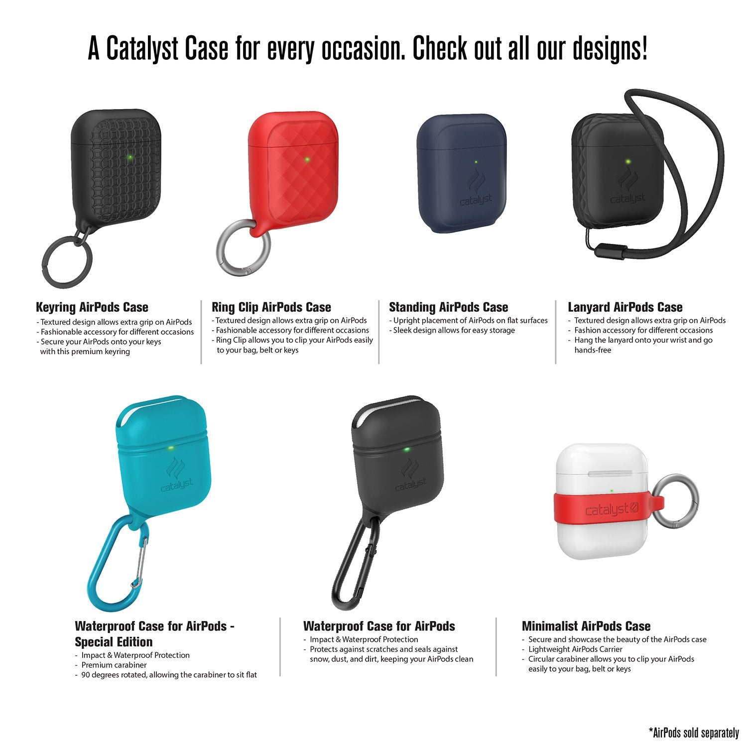 catalyst airpods gen 2 1 loop carabiner different catalyst airpods cases text reads a catalyst case for every occasion check out all our designs keyring airpods case ring clip airpods case standing airpods case lanyard airpods case waterprrof case for airpods special edition waterproof case for airpods minimalist airpods case