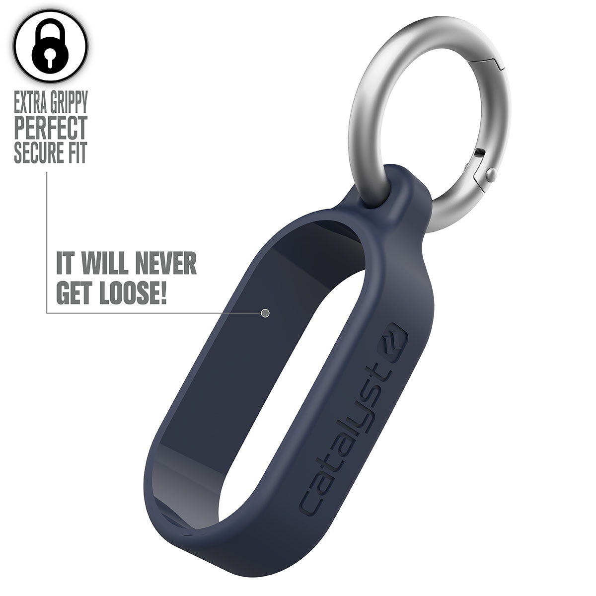 catalyst airpods gen 2 1 loop carabiner midnight blue product itself text reads extra grippy perfect secure fit it will never get loose