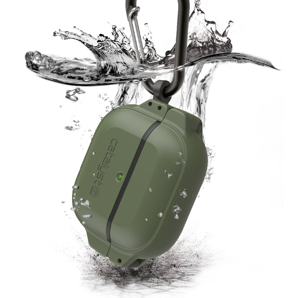 Catalyst airpods gen 3 100m waterproof total protection case+ carabiner showing the case underwater in army green colorway