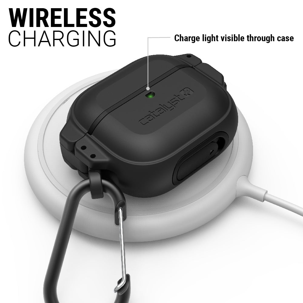 Catalyst airpods gen 3 100m waterproof total protection case+ carabiner showing the case wireless charging in stealth black colorway text reads wireless charging charge light visible through the case 