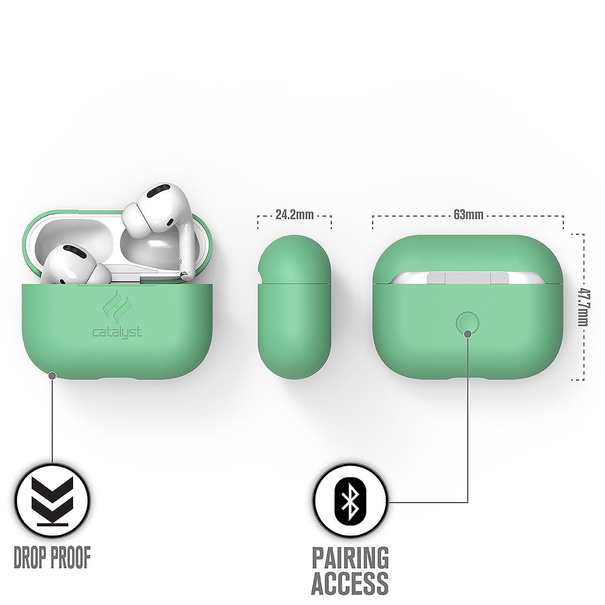 Catalyst airpods pro gen 2/1 slim case showing the case dimensions in a mint green colorway text reads drop proof pairing access