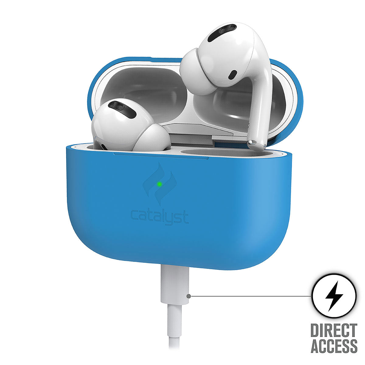 Catalyst airpods pro gen 2/1 slim case showing the case while charging in an neon blue colorway text reads direct access