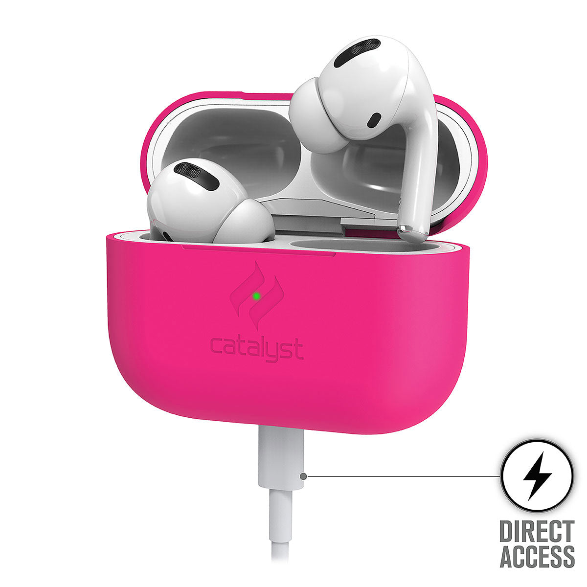 Catalyst airpods pro gen 2/1 slim case showing the case while charging in a neon pink colorway text reads direct access