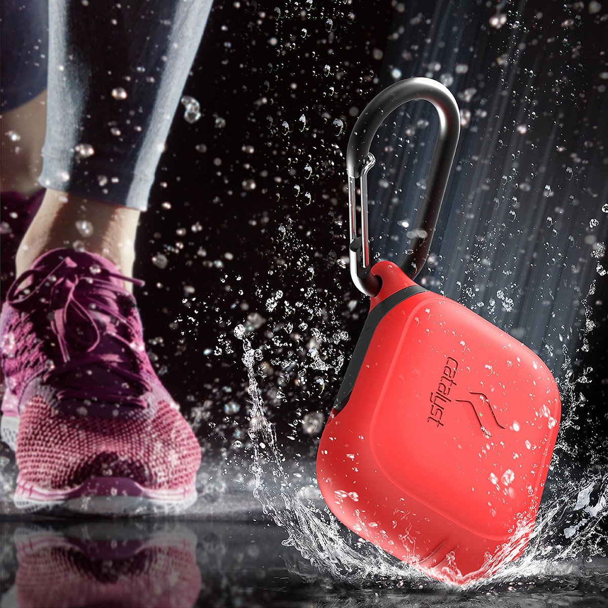 CATAPDPRORED | catalyst airpods pro gen 2 1 waterproof case carabiner flame red dropped and splashes of water running shoes