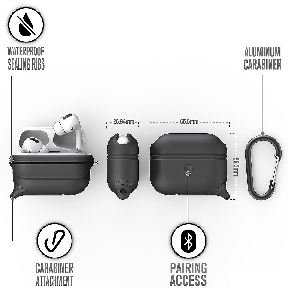 CATAPLAPDPROBLK | catalyst airpods pro gen 2 1 waterproof case carabiner special edition black different views showing the sealing ribs carabiner attachment loop and pairing access text reads waterproof sealing ribs aluminum carabiner carabiner attachment pairing access