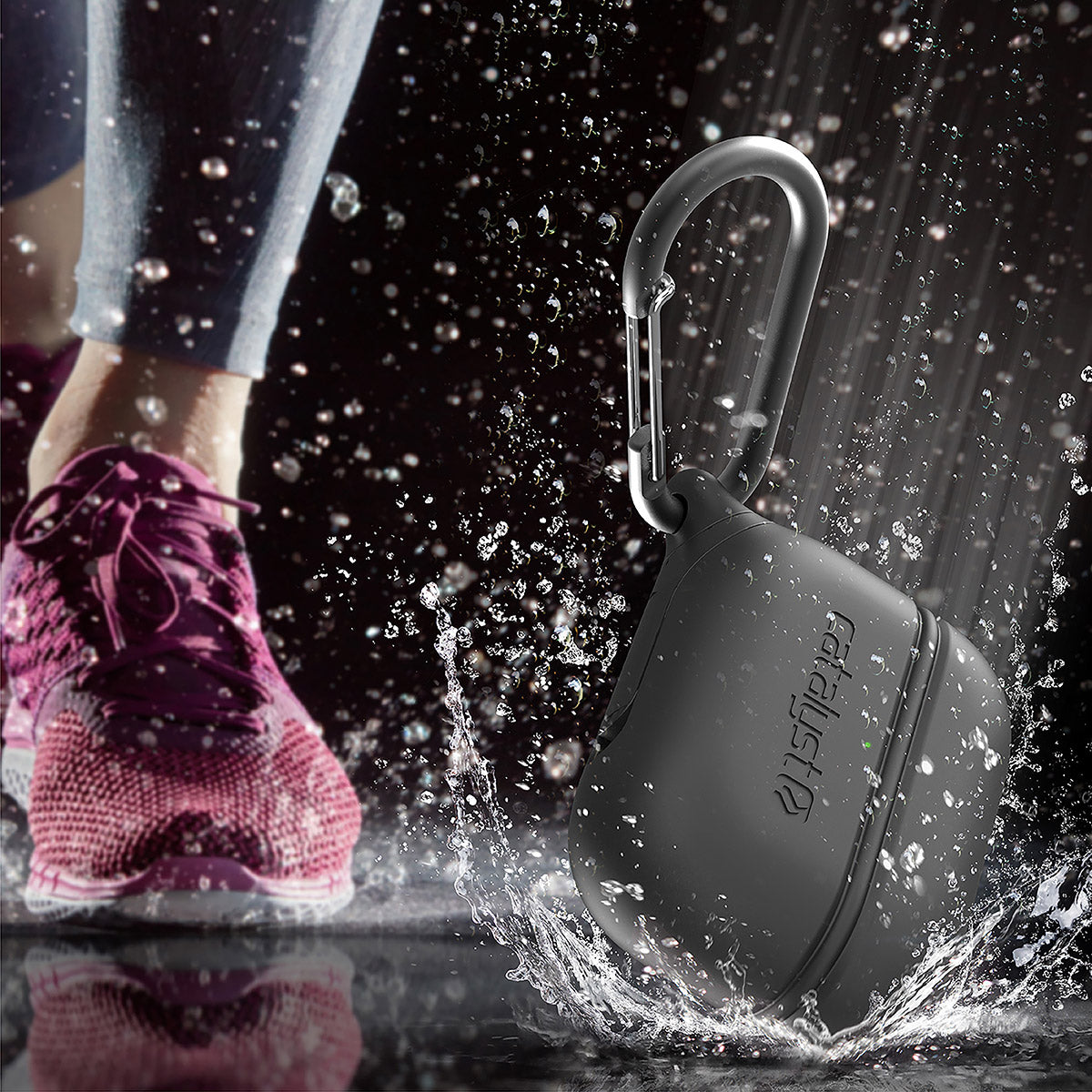 CATAPLAPDPROBLK | catalyst airpods pro gen 2 1 waterproof case carabiner special edition black dropped and splashes of water running shoes