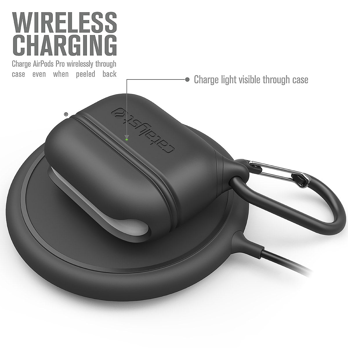 CATAPLAPDPROBLK | catalyst airpods pro gen 2 1 waterproof case carabiner special edition black on top of a wireless charger text reads wireless charging charge airpods pro wirelessly through case even when peeled back charge light visible through case