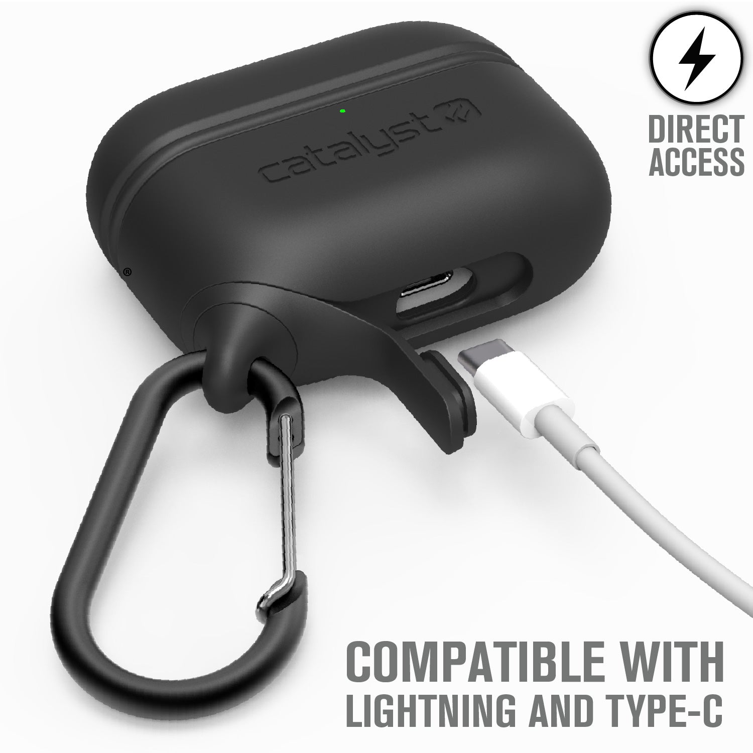 CATAPLAPDPROBLK | catalyst airpods pro gen 2 1 waterproof case carabiner special edition black open charging plug with type c cable text reads direct access compatible with lightning and type c