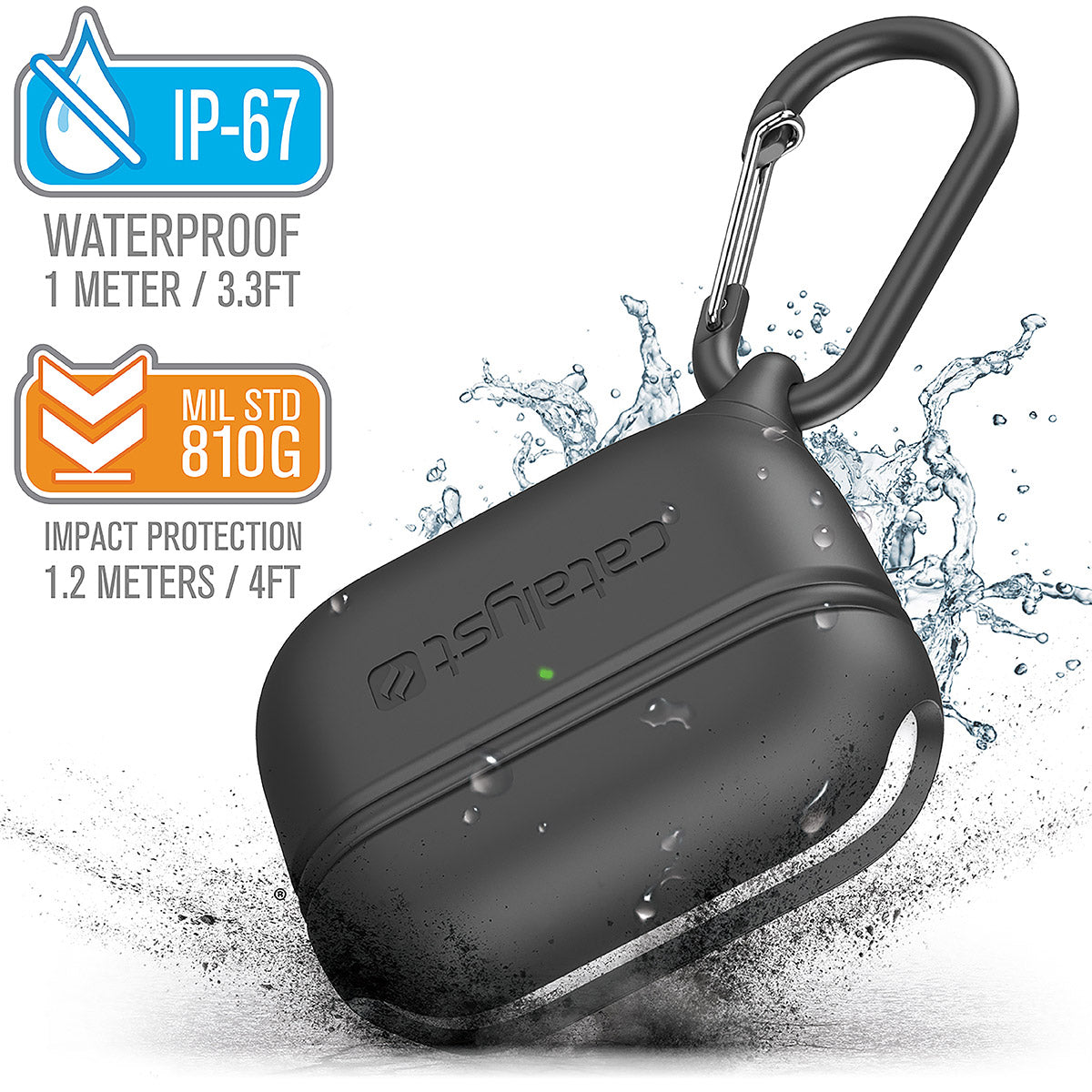 CATAPLAPDPROBLK | catalyst airpods pro gen 2 1 waterproof case carabiner special edition black with cracked floor and splashes of water text reads ip-67 waterproof 1 meter 3.3ft mil std 810g impact protection 1.2 meters 4ft