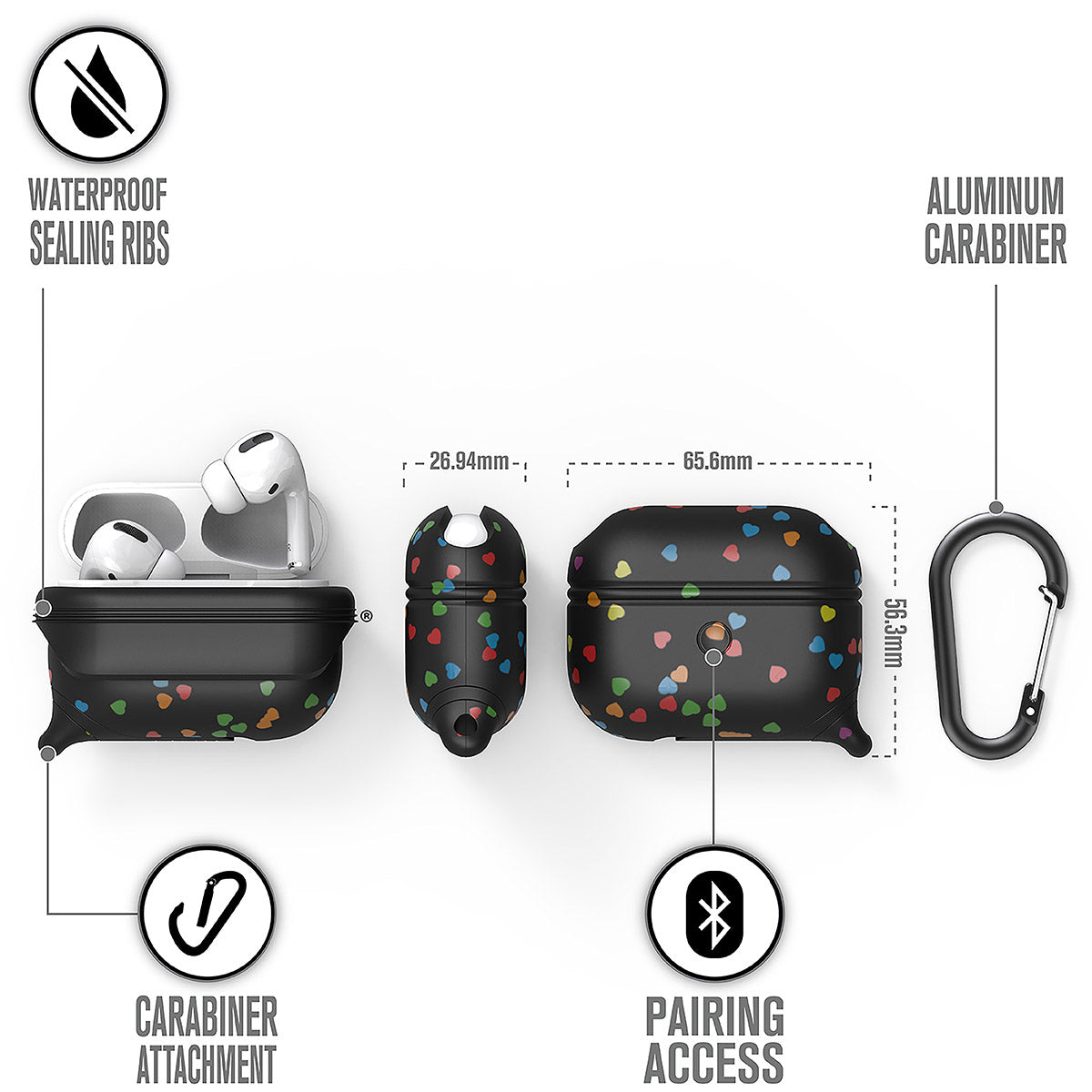 CATAPLAPDPROHTB | catalyst airpods pro gen 2 1 waterproof case carabiner special edition black with hearts different views showing the sealing ribs carabiner attachment loop and pairing access text reads waterproof sealing ribs aluminum carabiner carabiner attachment pairing access