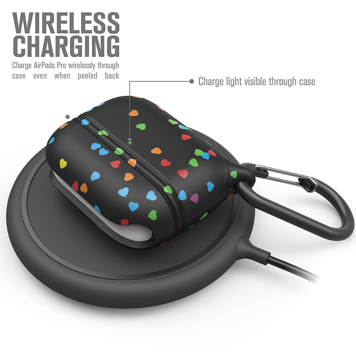 CATAPLAPDPROHTB | catalyst airpods pro gen 2 1 waterproof case carabiner special edition black with hearts on top of a wireless charger text reads wireless charging charge airpods pro wirelessly through case even when peeled back charge light visible through case