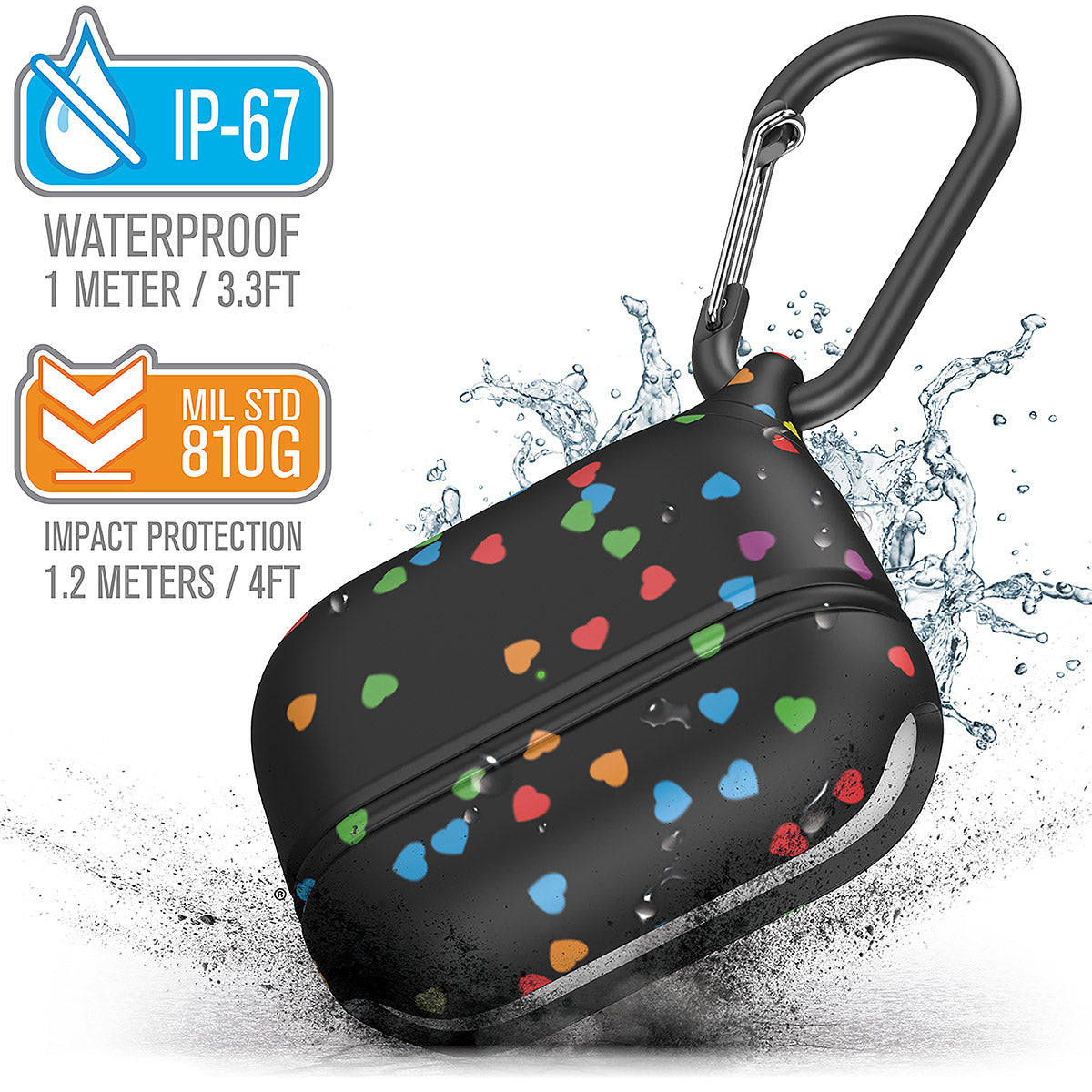 CATAPLAPDPROHTB | catalyst airpods pro gen 2 1 waterproof case carabiner special edition black with hearts with cracked floor and splashes of water text reads ip-67 waterproof 1 meter 3.3ft mil std 810g impact protection 1.2 meters 4ft