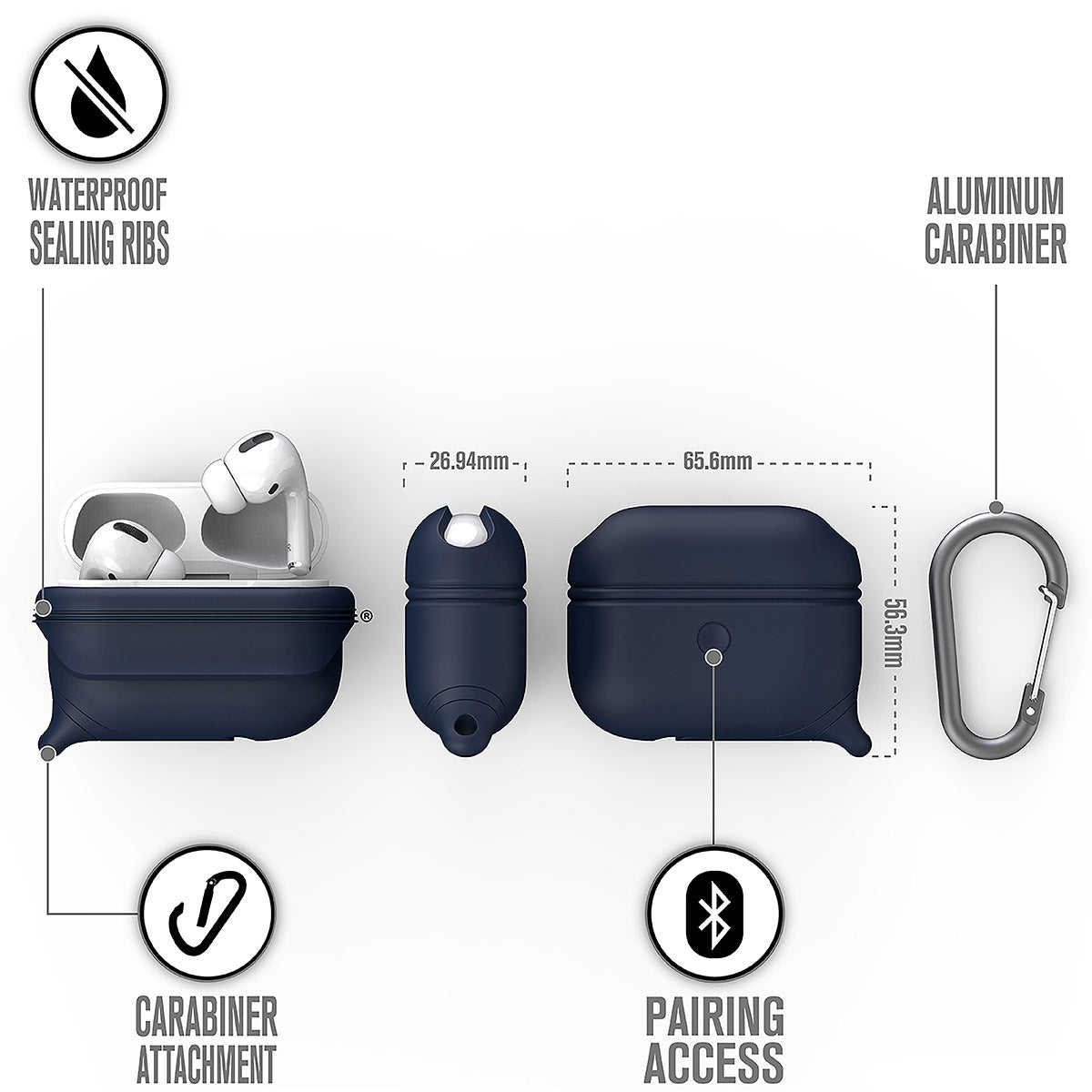 CATAPLAPDPRONAV | catalyst airpods pro gen 2 1 waterproof case carabiner special edition blue different views showing the sealing ribs carabiner attachment loop and pairing access text reads waterproof sealing ribs aluminum carabiner carabiner attachment pairing access