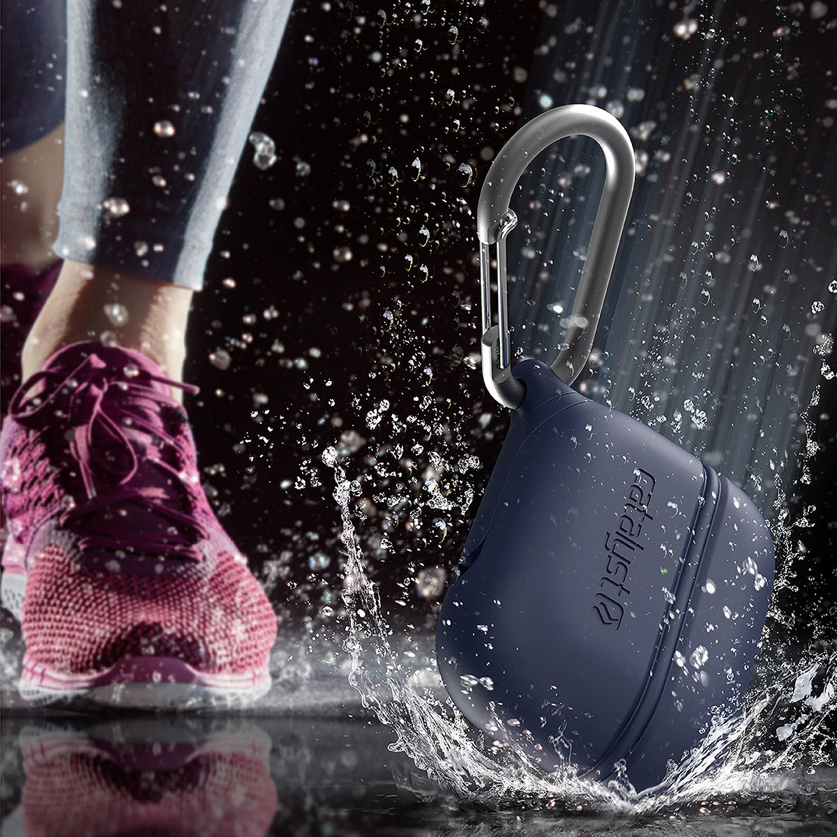 CATAPLAPDPRONAV | catalyst airpods pro gen 2 1 waterproof case carabiner special edition blue dropped and splashes of water running shoes