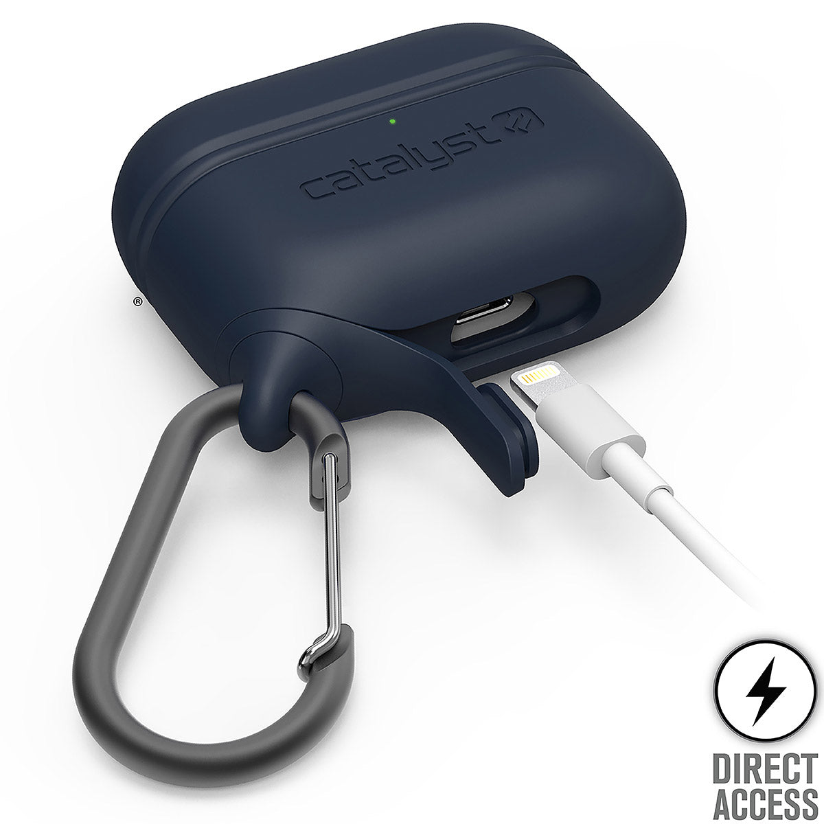 CATAPLAPDPRONAV | catalyst airpods pro gen 2 1 waterproof case carabiner special edition blue open charging plug with lightning cable text reads direct access
