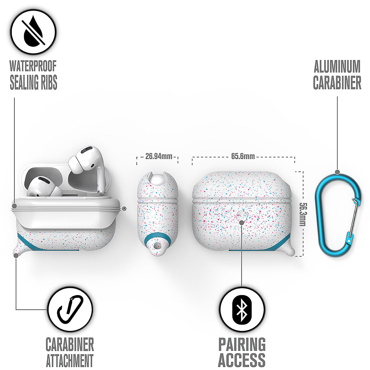 CATAPLAPDPROFUN | catalyst airpods pro gen 2 1 waterproof case carabiner special edition funfetti different views showing the sealing ribs carabiner attachment loop and pairing access text reads waterproof sealing ribs aluminum carabiner carabiner attachment pairing access