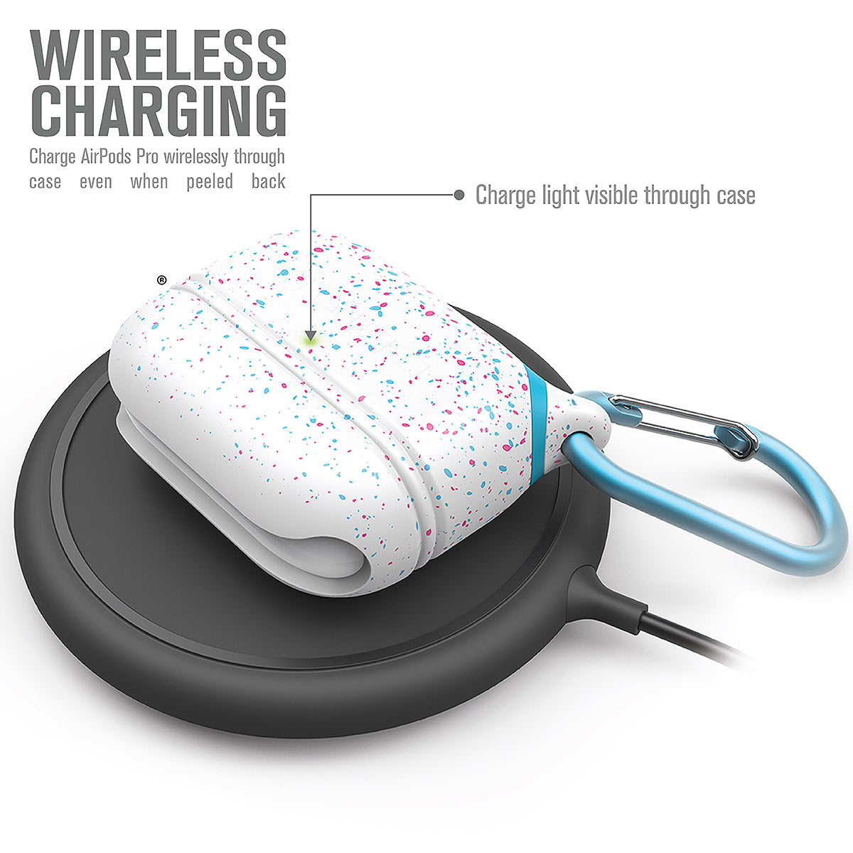 CATAPLAPDPROFUN | catalyst airpods pro gen 2 1 waterproof case carabiner special edition funfetti on top of a wireless charger text reads wireless charging charge airpods pro wirelessly through case even when peeled back charge light visible through case