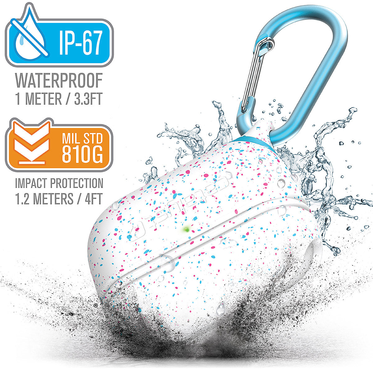 CATAPLAPDPROFUN | catalyst airpods pro gen 2 1 waterproof case carabiner special edition funfetti with cracked floor and splashes of water text reads ip-67 waterproof 1 meter 3.3ft mil std 810g impact protection 1.2 meters 4ft