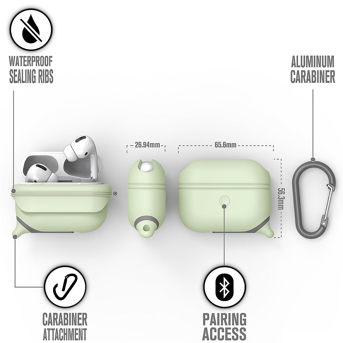 CATAPLAPDPROGITD | catalyst airpods pro gen 2 1 waterproof case carabiner special edition glow in the dark different views showing the sealing ribs carabiner attachment loop and pairing access text reads waterproof sealing ribs aluminum carabiner carabiner attachment pairing access