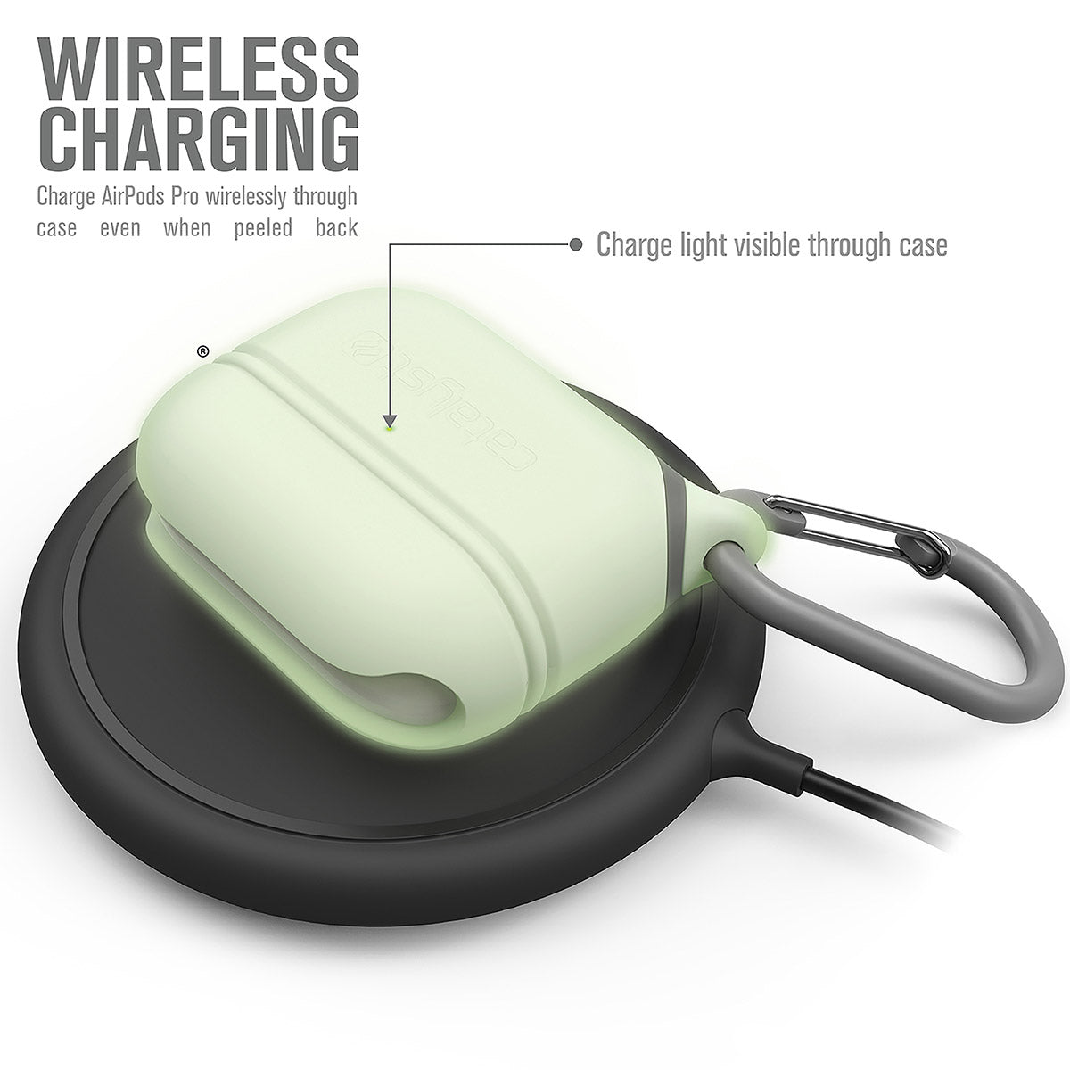 CATAPLAPDPROGITD | catalyst airpods pro gen 2 1 waterproof case carabiner special edition glow in the dark on top of a wireless charger text reads wireless charging charge airpods pro wirelessly through case even when peeled back charge light visible through case