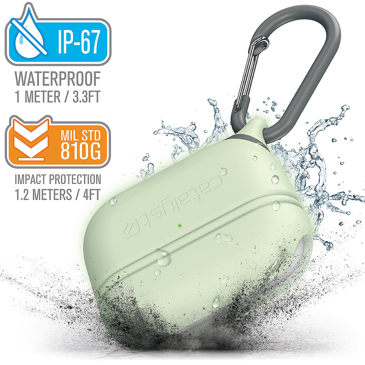CATAPLAPDPROGITD | catalyst airpods pro gen 2 1 waterproof case carabiner special edition glow in the dark with cracked floor and splashes of water text reads ip-67 waterproof 1 meter 3.3ft mil std 810g impact protection 1.2 meters 4ft