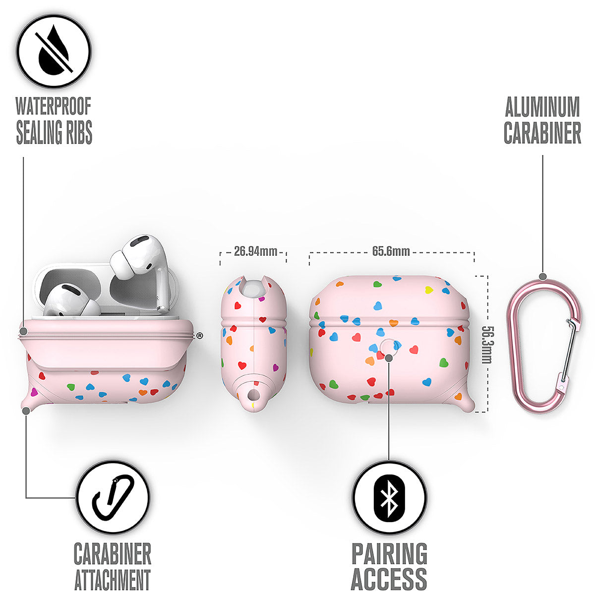 CATAPLAPDPROSWT | catalyst airpods pro gen 2 1 waterproof case carabiner special edition pink with hearts different views showing the sealing ribs carabiner attachment loop and pairing access text reads waterproof sealing ribs aluminum carabiner carabiner attachment pairing access