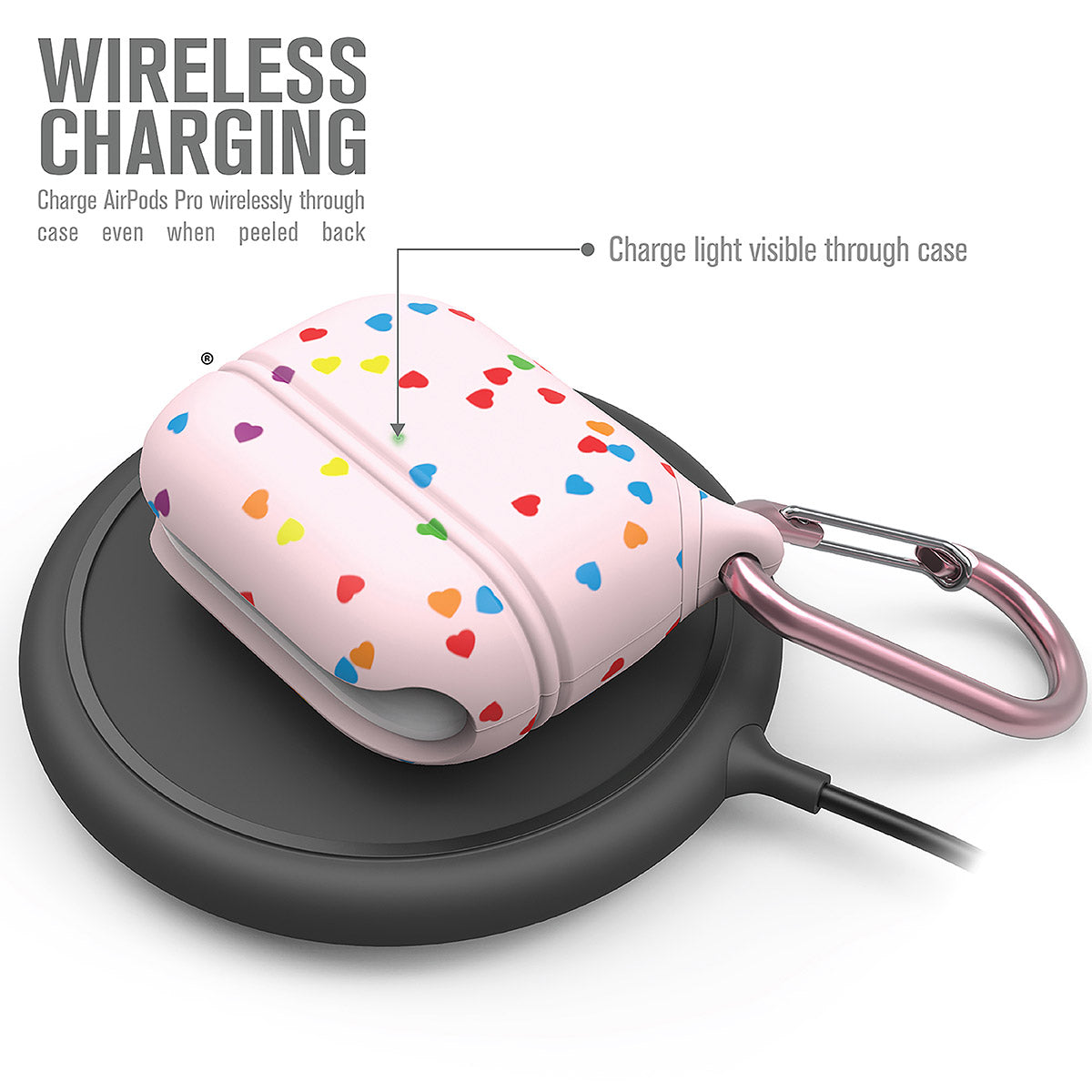 CATAPLAPDPROSWT | catalyst airpods pro gen 2 1 waterproof case carabiner special edition pink with hearts on top of a wireless charger text reads wireless charging charge airpods pro wirelessly through case even when peeled back charge light visible through case