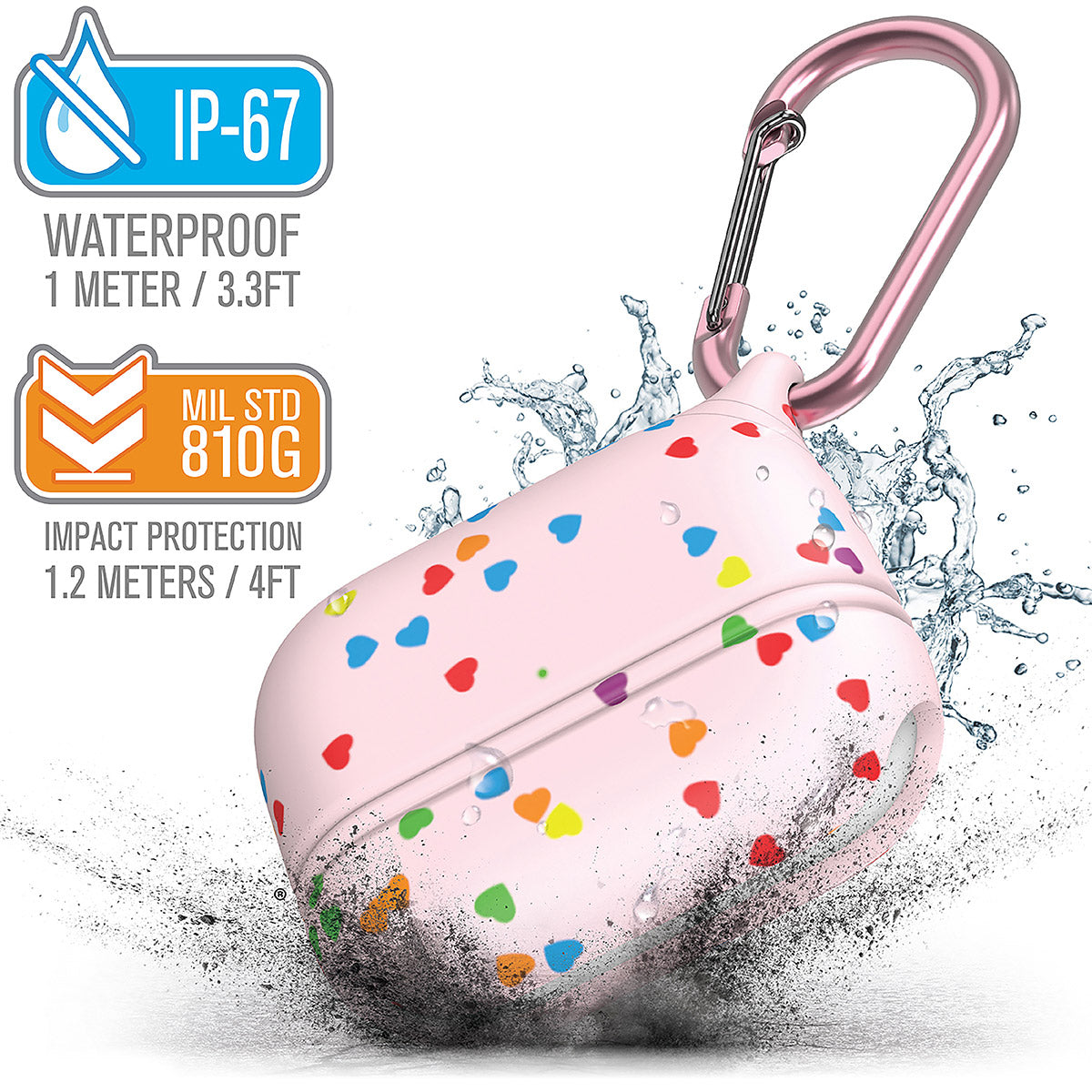 CATAPLAPDPROSWT | catalyst airpods pro gen 2 1 waterproof case carabiner special edition pink with hearts with cracked floor and splashes of water text reads ip-67 waterproof 1 meter 3.3ft mil std 810g impact protection 1.2 meters 4ft