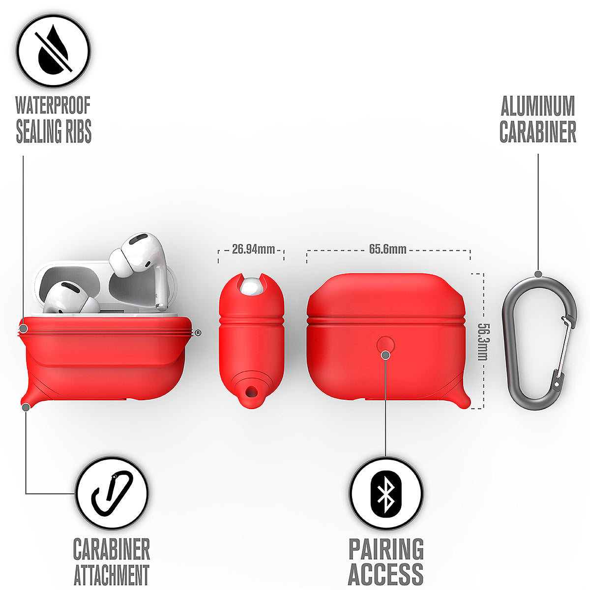 CATAPLAPDPRORED | catalyst airpods pro gen 2 1 waterproof case carabiner special edition red different views showing the sealing ribs carabiner attachment loop and pairing access text reads waterproof sealing ribs aluminum carabiner carabiner attachment pairing access
