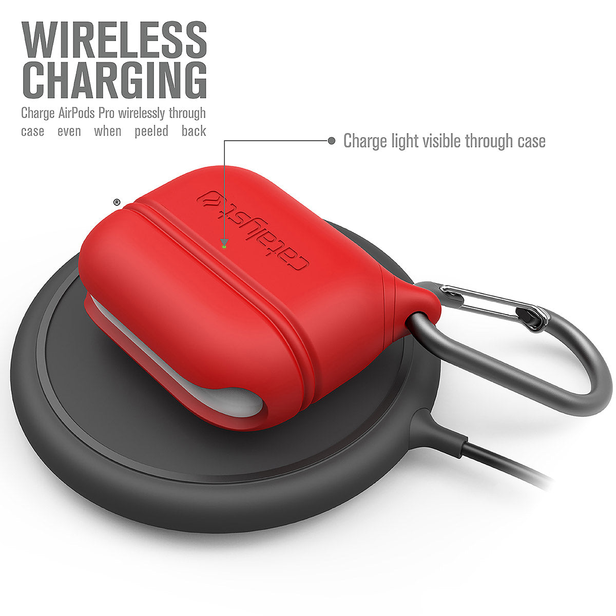 CATAPLAPDPRORED | catalyst airpods pro gen 2 1 waterproof case carabiner special edition red on top of a wireless charger text reads wireless charging charge airpods pro wirelessly through case even when peeled back charge light visible through case