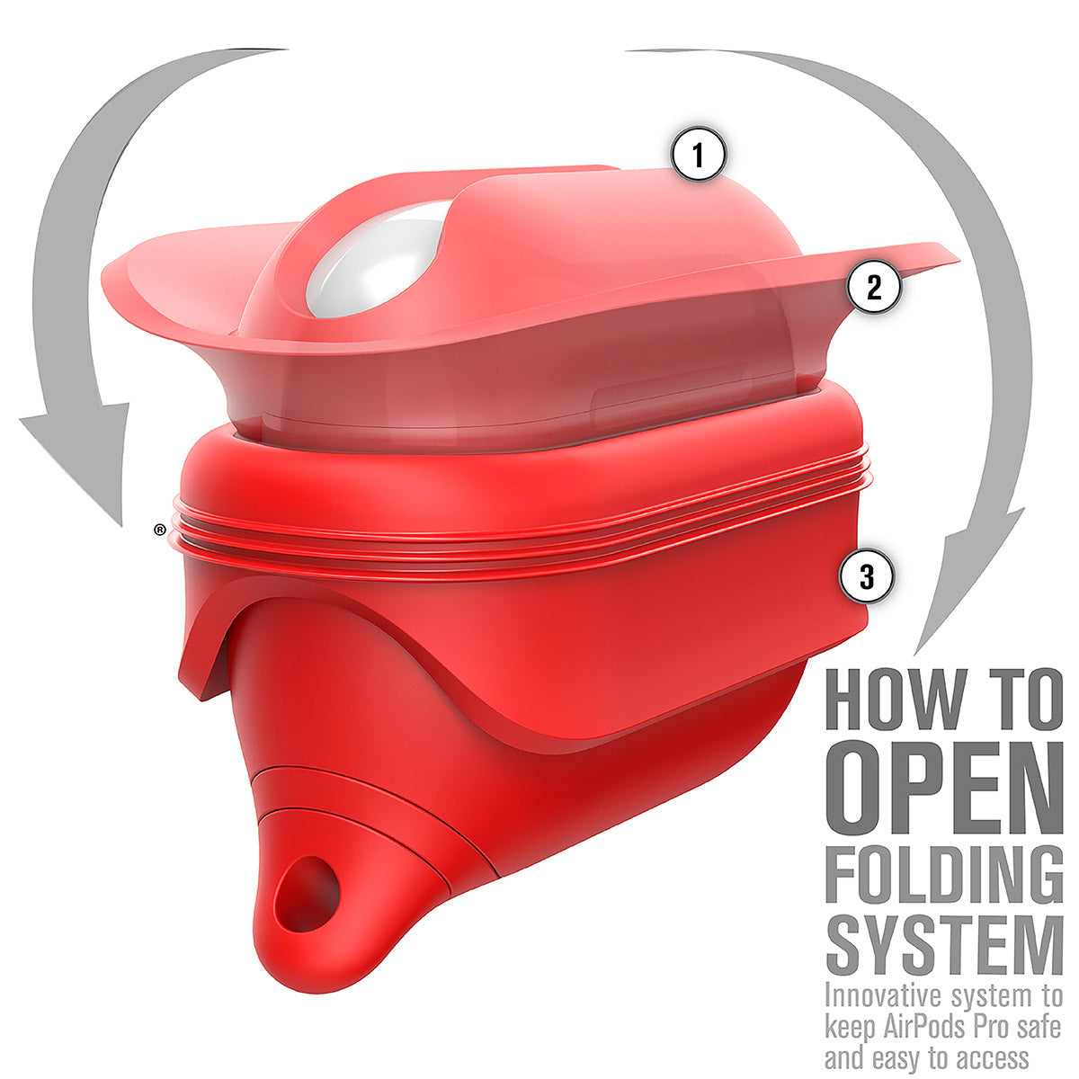 CATAPLAPDPRORED | catalyst airpods pro gen 2 1 waterproof case carabiner special edition red with arrows on how to open the case text reads how to open folding system innovative system to keep airpods pro safe and easy to access