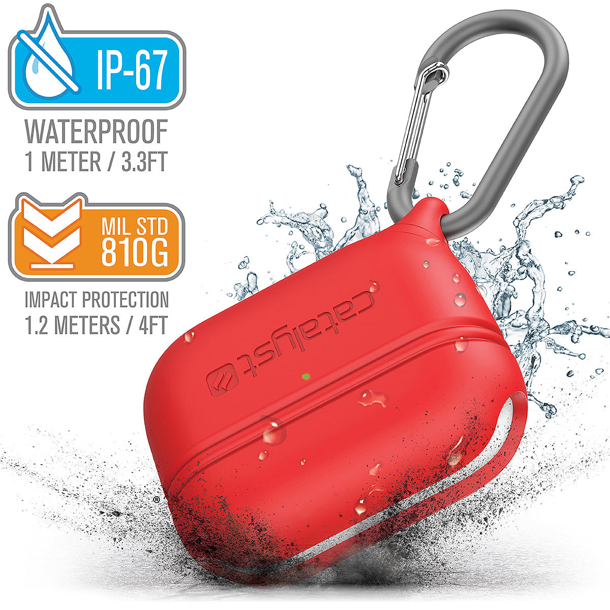 CATAPLAPDPRORED | catalyst airpods pro gen 2 1 waterproof case carabiner special edition red with cracked floor and splashes of water text reads ip-67 waterproof 1 meter 3.3ft mil std 810g impact protection 1.2 meters 4ft